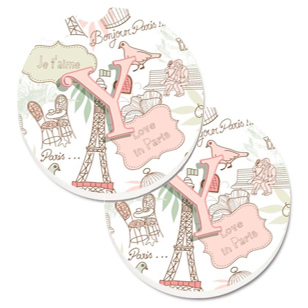 Carolines Treasures Letter Y Love in Paris Pink Set of 2 Cup Holder Car Coaster CJ2002-YCARC - main